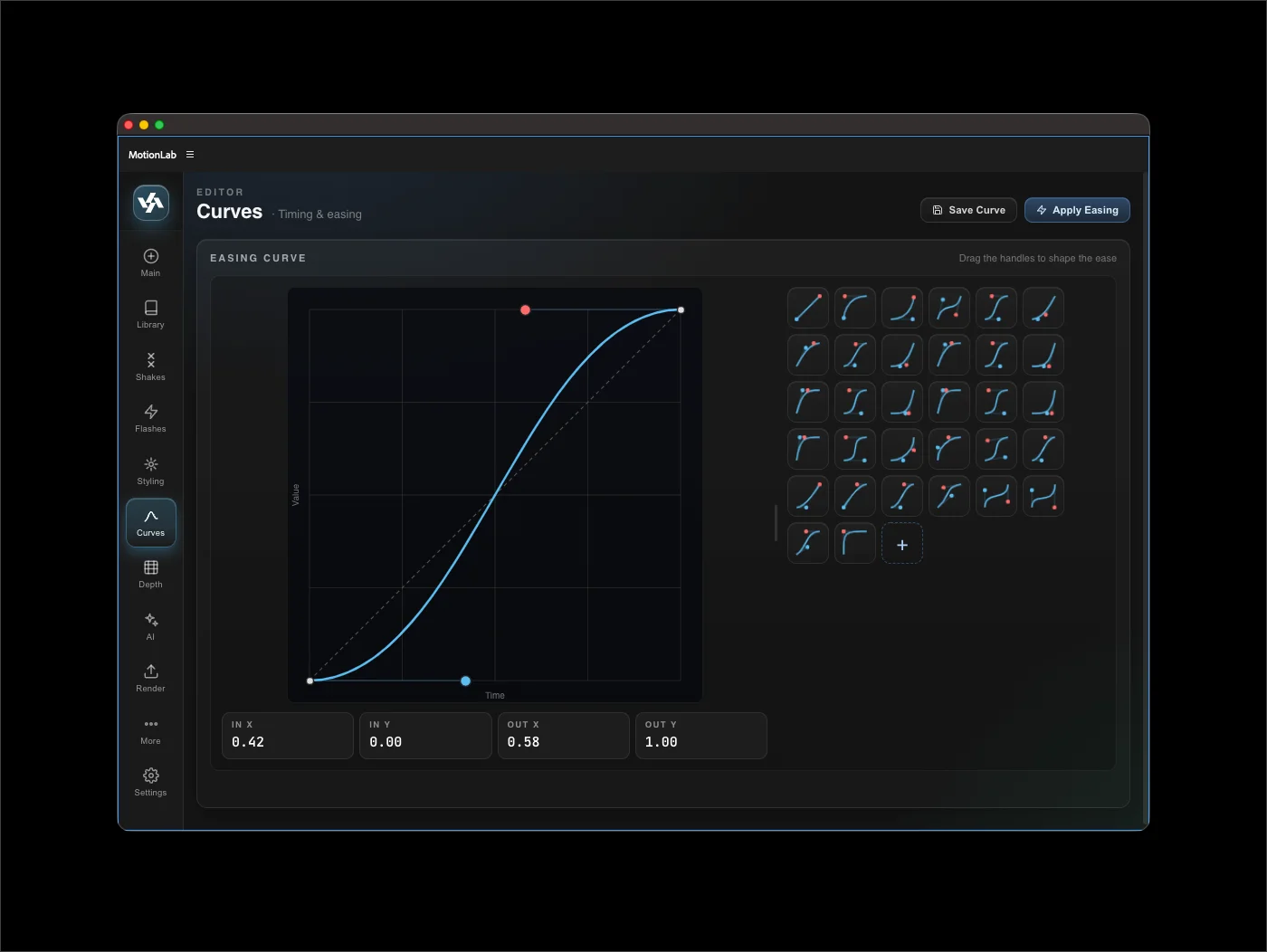 MotionLab Curves tab — interactive bezier easing canvas with two draggable red control points on the left, a grid of saved curve presets on the right, and In X / In Y / Out X / Out Y numeric input fields below the canvas. Save Curve and Apply Easing buttons in the top right