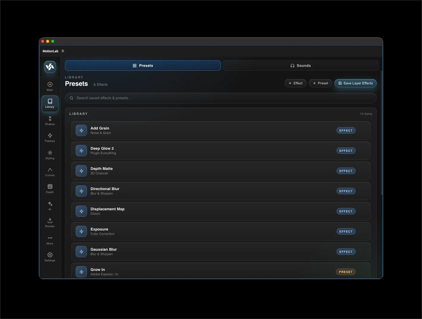 MotionLab Library tab with the Presets sub-tab active — searchable list of saved effects with category labels, plus + Effect, + Preset, and Save Layer Effects buttons in the top right