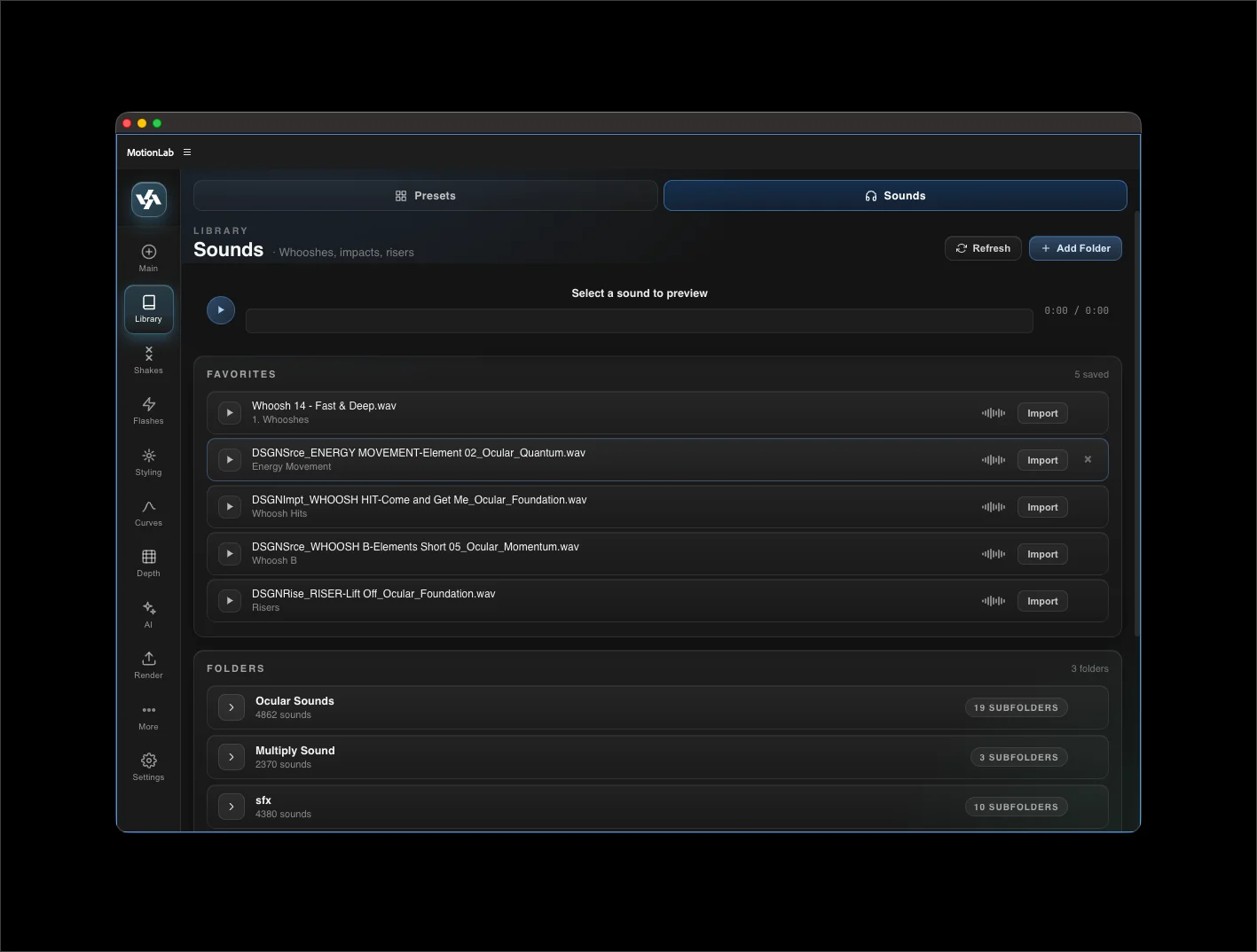 MotionLab Library tab with the Sounds sub-tab active — preview player at top, Favorites section with starred sounds and Import buttons, and Folders section listing imported sound libraries with subfolder counts