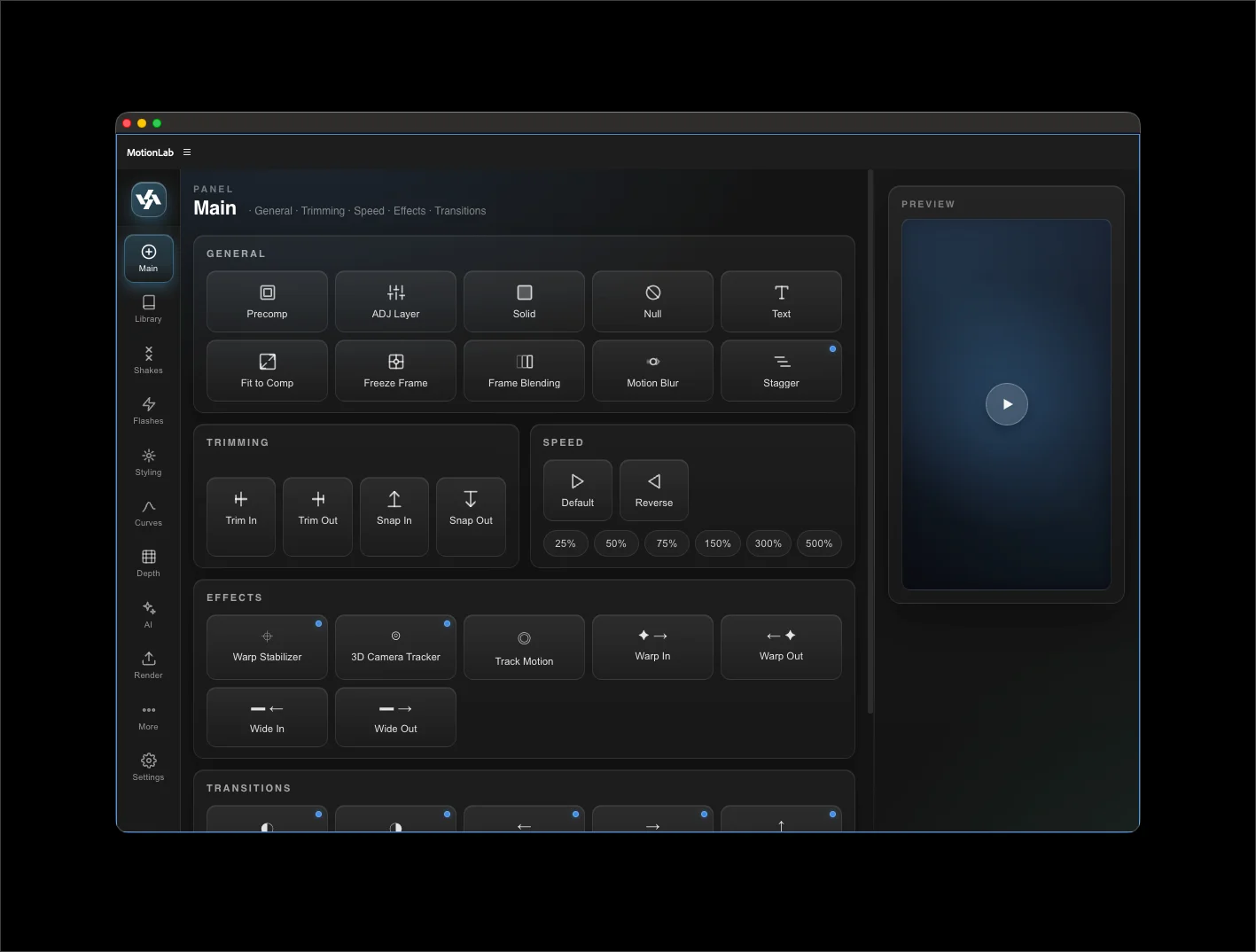 MotionLab panel docked in After Effects with the Main tab active — sidebar nav on the left, General/Trimming/Speed/Effects/Transitions sections in the body, and a preview panel on the right