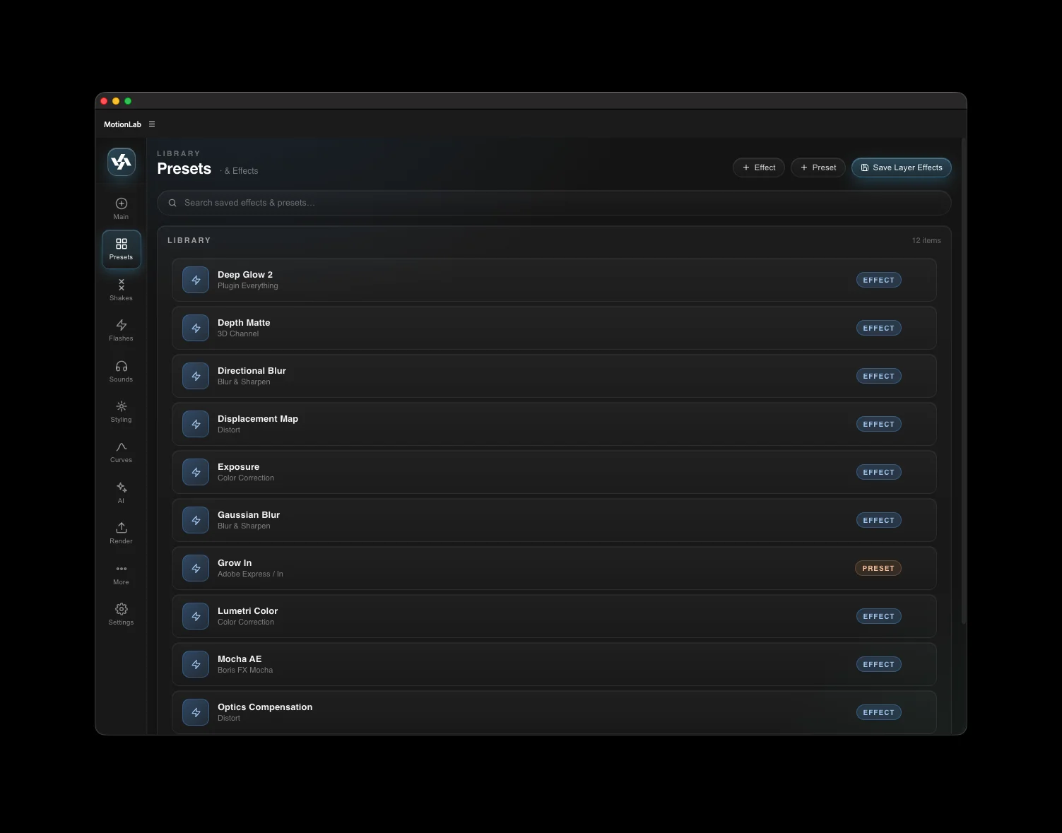Presets panel screenshot