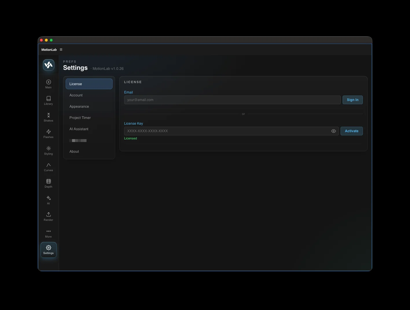 MotionLab Settings tab with the License sub-section showing the Email/Sign In field, License Key field, and Activate button
