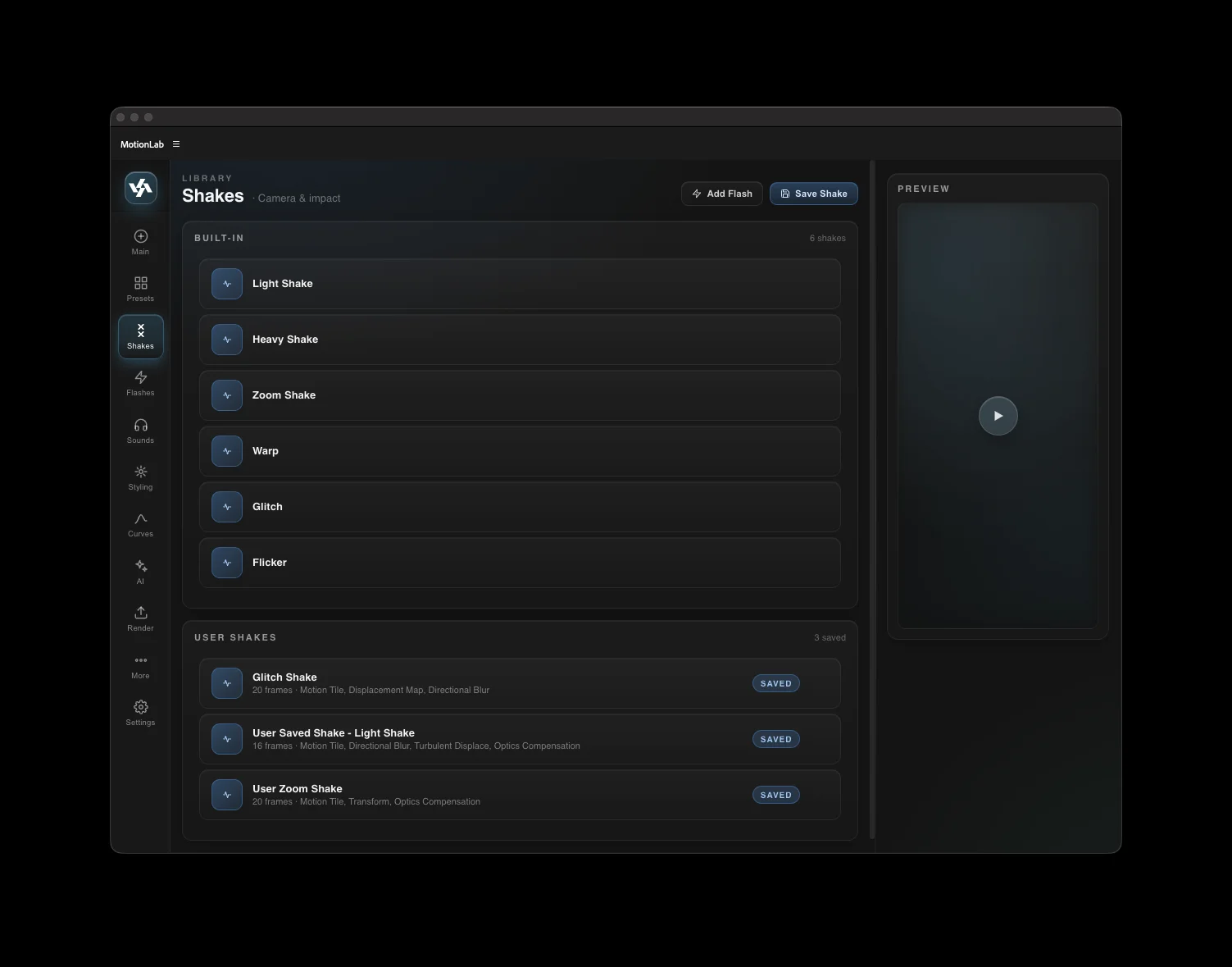 Shakes panel screenshot